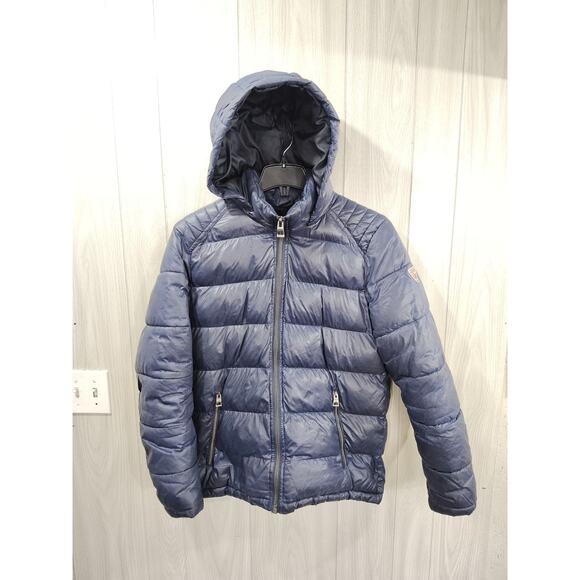GUESS Men Puffer Jacket Coat Size M Navy Blue Solid Warm Stylish Outdoors - Picture 1 of 8